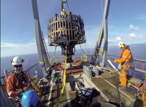 The Vertech IRATA rope access trades team conducting a flare tip replacement on the Offshore Angel platform in Australia