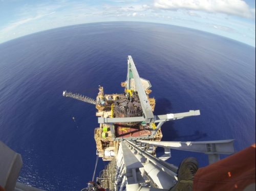 An image of the offshore Angel platform from the top of the flare during a high mobility rope access flare tip replacement using our V-FLARE package