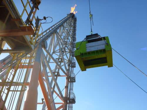 An image of the offshore Angel platforms flare and equipment being prepared for a flare tip replacement using our V-FLARE flare replacement package.