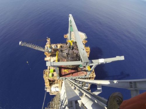 An image of the Angel platform from the top of the flare boom as part of a V-LIFT Flare Tip replacement bia rope access, custom designed frames and strolley mechanisms. An image of the Angel platform from the top of the flare boom as part of a V-LIFT Flare Tip replacement bia rope access, custom designed frames and strolley mechanisms.