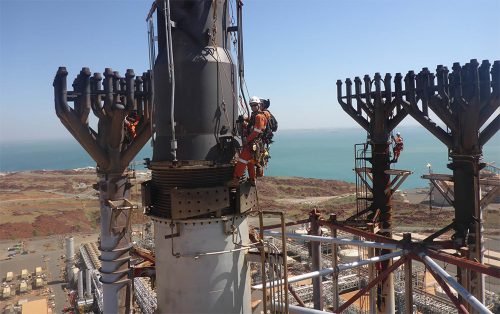 A vertech rope access rigging, rope access mechanical and rope access electrical team conducting the pluto LNG flare stack and tip inspections and maintenance in Karratha