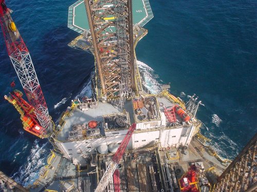 The view from a derrick rope access inspection and lifting survey on a Jack up rig under tow between Australia and Singapore