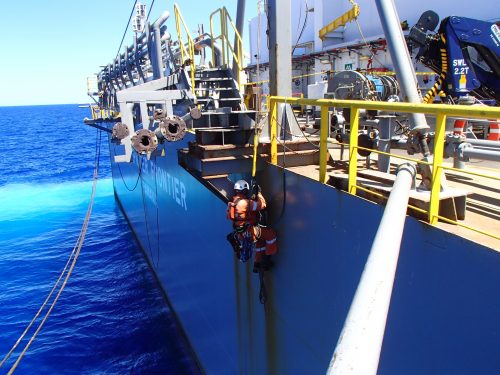 A Vertech rope access lifting inspector conducting lifting inspections on the Transocean Deepwater frontier Drillship in Australia