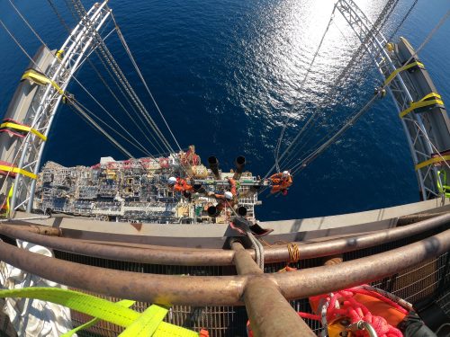 Vertech IRATA rope access, Mechanical and rope access riggers are removing the old flare tip on the Ichthys Venturer FPSO for Inpex, and they are ready to install a new flare tip.