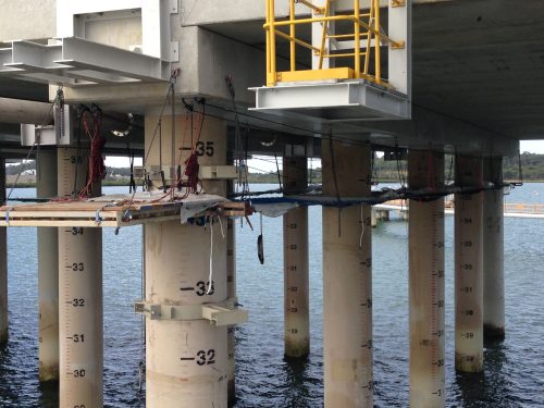 A vertech IRATA rope access technician is installing tension netting on the Gladstone LNG facility's jetty.