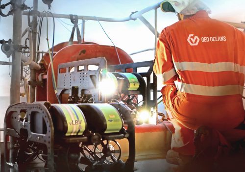 A Geo Oceans technician and VLBV ROV systems being deployed as part of a underwater inspection in lieu of drydock (UWILD) Survey.