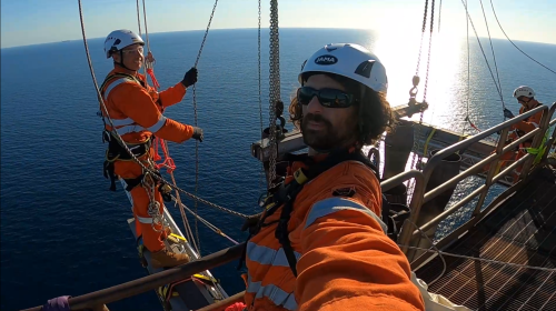 A video of the Vertech IRATA rope access, Mechanical and rope access rigging teams to deliver the V-FLARE flare tip replacement on the Ichthys Venturer FPSO for Inpex.