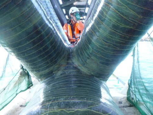 A vertech rope access technician looking off to the right while installing the encapsulation system.loading=