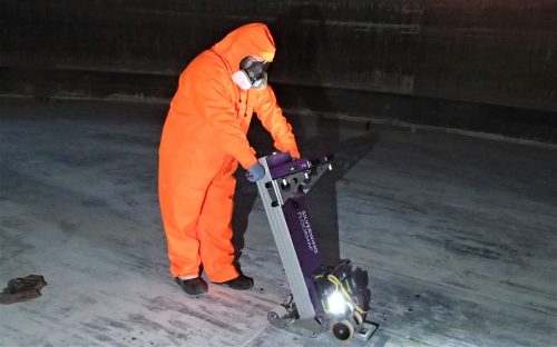 Magnetic flux leakage (MFL) testing on the floor of a large tank as part of a wider Tank Testing campaign