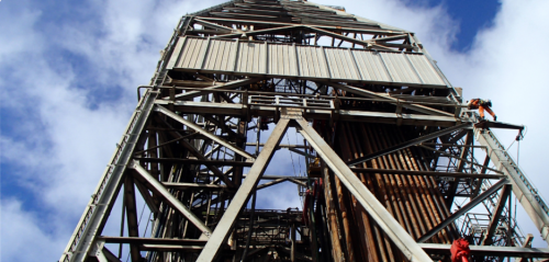 A team conducting dropped object surveys, lifting equipment inspections and bolt tightening on an offshore drilling rig derrick.