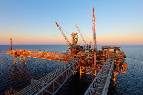 The Woodside North Rankin Alpha platform illustrating the derrick structure being decommissioned by Vertech rope access tradesman