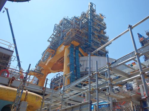 The derrick of an offshore platform under construction.