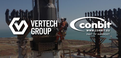 An image of Vertech rope access riggers, mechanical fitters and rope access inspectors on the Pluto lNG flare tip as part of a project. Logos of Vertech and Conbit overlaid as part of a relationship release