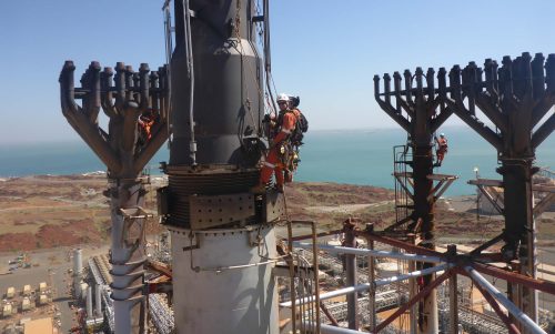 A vertech rope access rigging, rope access mechanical and rope access electrical team conducting the pluto LNG flare stack and tip inspections and maintenance in Karratha