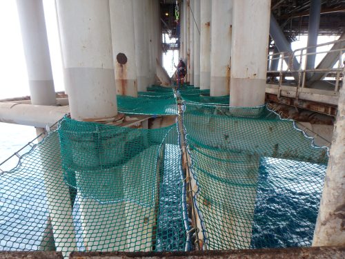 Tension netting is installed across the pillars' midway points attached to the NRA platform's underside, with the ocean below.