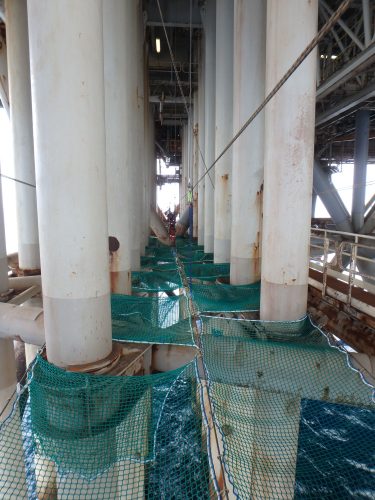 Tension netting installed across the miday points of pillars attached to the underside of the NRA platform, with ocean below.