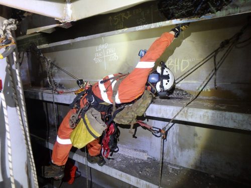 A Vertech IRATA rope access marine class inspector conducting tank inspections and NDT on an FPSO offshore.