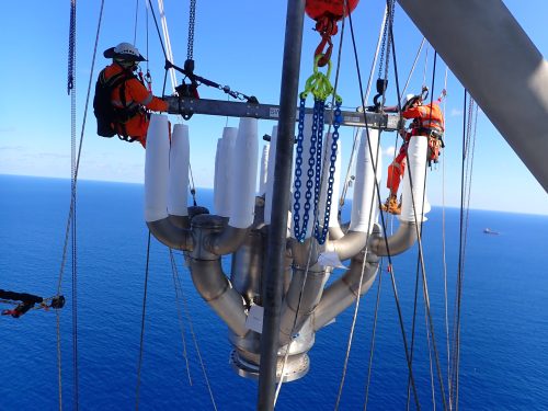 Vertech IRATA rope access, Mechanical and rope access rigging teams are installing the new flare tip on the Ichthys Venturer FPSO for Inpex.