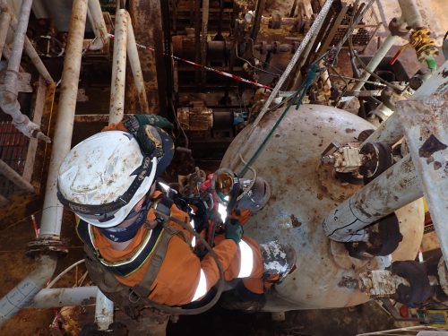 A rope Access, AICIP & NDT inspector, conducting compliance inspections to AS 3788 on an FPSO.