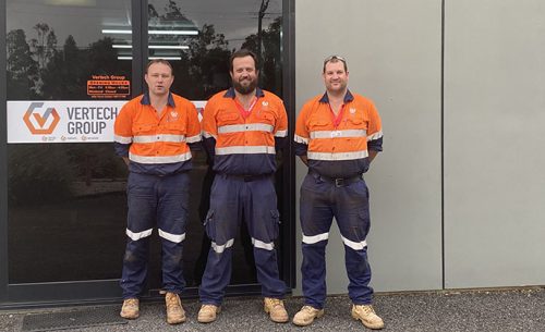 Three Vertech Roma NDT and Radiogrphy technicians in front of the vertech roma office in Queensland