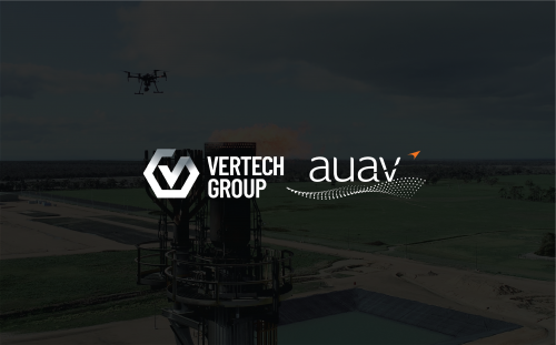 An image of the Vertech Group and old AUAV logo with a UAV conducting flare inspections in the background as part of the acquisition announcement
