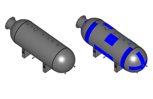 A 3D CAD rendering of two horizontal pressure vessels on stands. The vessel on the left is depicted in grayscale with various ports and manways. At the same time, the one on the right is the same model but with blue highlights indicating areas of interest or inspection zones, possibly for maintenance or monitoring purposes. Both vessels have rounded end caps and are supported by structured steel legs, typical industrial equipment that contains fluids at high pressure.
