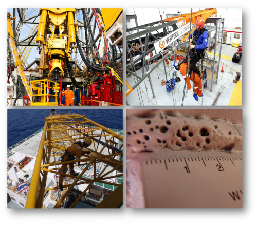 An image of crane inspection and maintenance, top drive NDT, Magnetic particle (MPI) inspection on a weld and rope access training