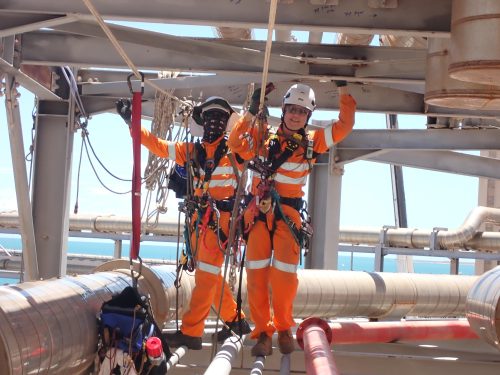 A rope Access AICIP & NDT team conducting pressure piping inspections on an LNG asset.