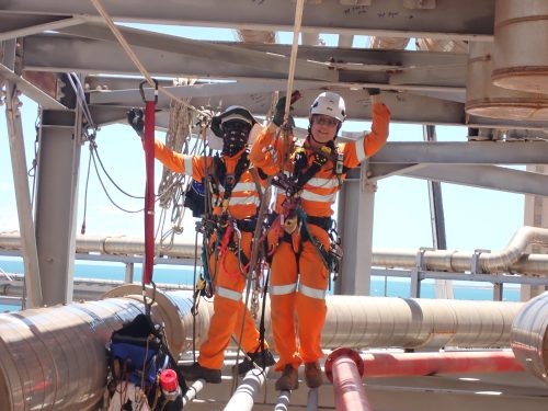 A rope access AICIP & NDT team is conducting pressure piping inspections on an LNG asset.