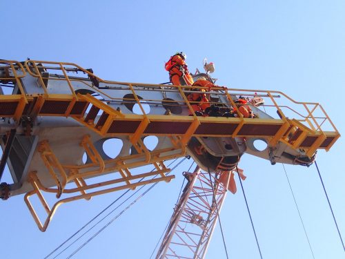 A vertech multidisciplinary mechanical, API and multi NDT inspection team conducting crane inspections on an FPSO pedestal crane