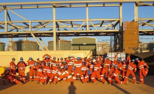 A picture of the Vertech rope access trades and Rope access NDT personnel during the Gorgon LNG construction project on Barrow island