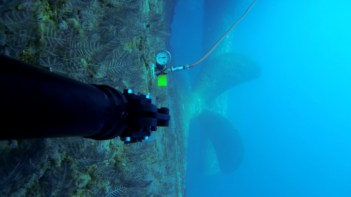 An image of an FPSO propellor taken by a Geo Oceans Mini ROV while installing a valve