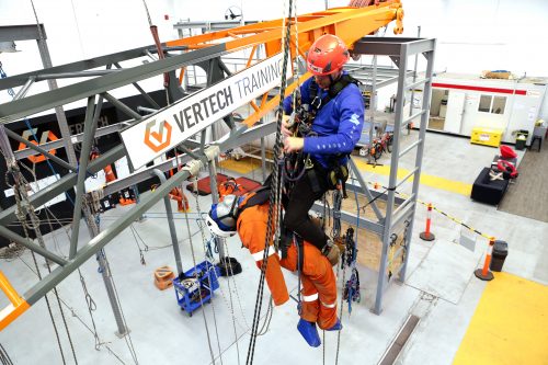 The Vertech IRATA training centre with one of the course candidates conducting the rescue of a dummy as part of the IRATA syllabus