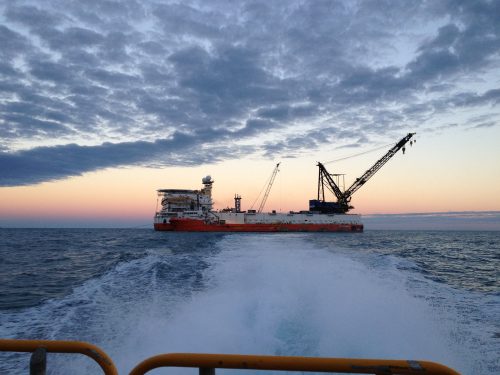 One of the barges supporting the Gorgon LNG build from a speedboat after full lifting and lifted equipment inspections had been completed