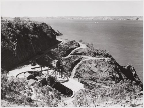 A black and white image of some early mining machinery on a hill on Koolan Island, taken in the 1950s.