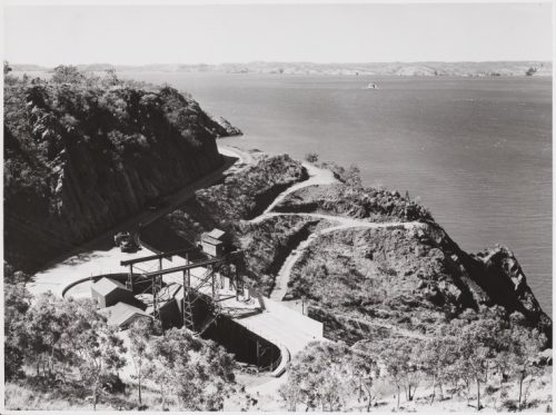 A black-and-white image of some early mining machinery on a hill on Koolan Island, taken in the 1950s.