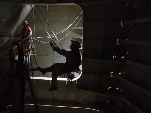 Vertech Rope access marine class inspectors and NDT technicians completing internal surveys of a FPSO hull structure offshore.