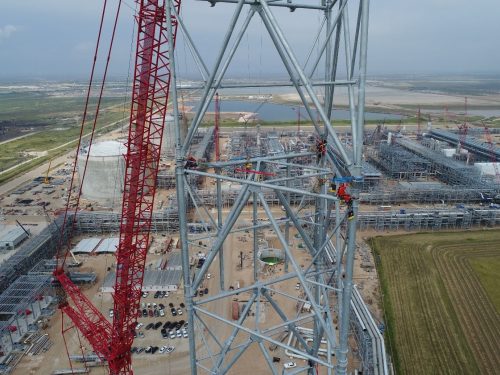 A vertech rope access team constructing a flare on Corpus Christi LNG in the USA A vertech rope access team constructing a flare on Corpus Christi LNG in the USA