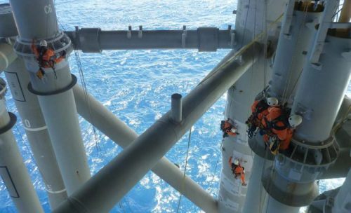 A vertech rope access paining and NACE inpection team conducting coating touch up, coating inspection during the greenfield hook up and commisioning of the north rankin